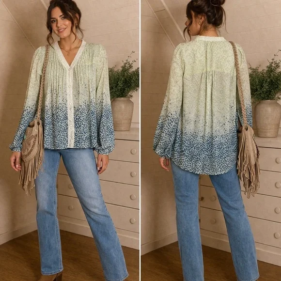 Lace Trim Floral Blouse | Boho Ombre Pintuck Button Front Medium - Picture 3 of 4